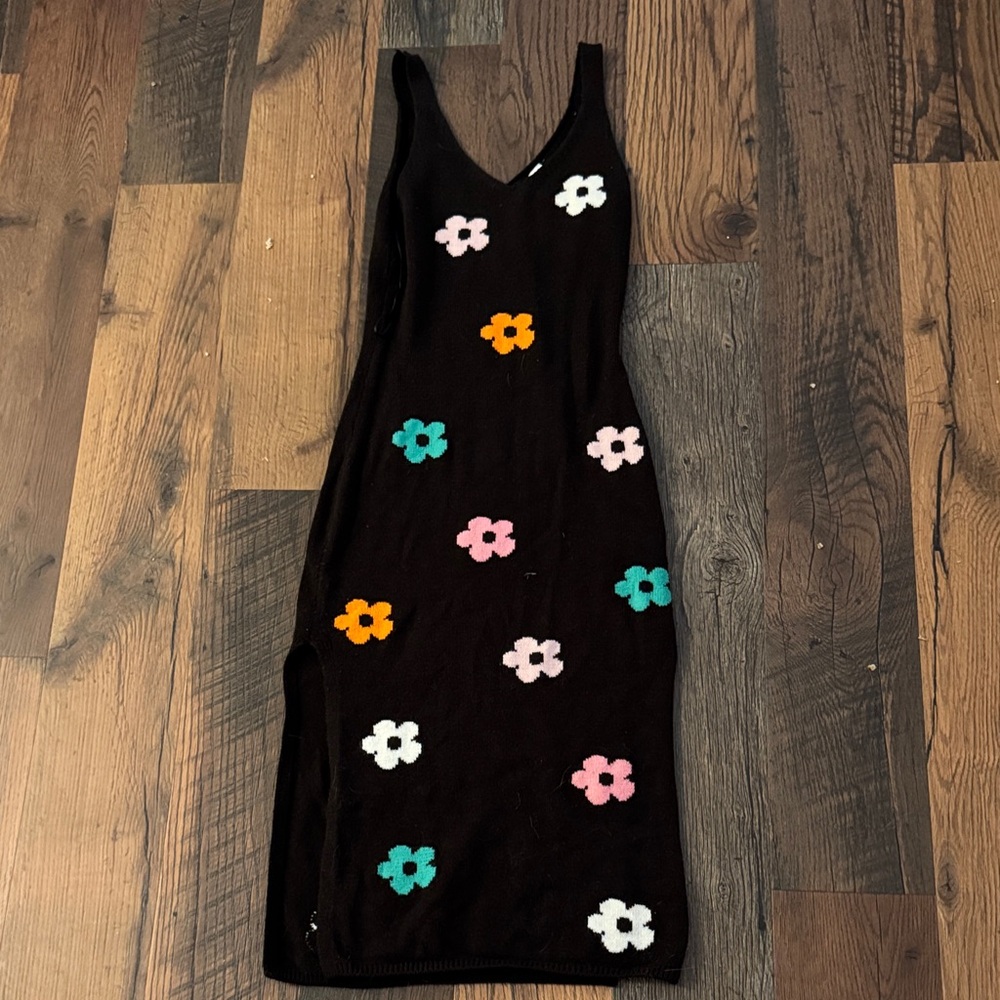 Divided Black Midi Dress with Multicolor Floral Patterns